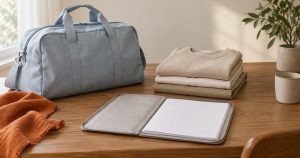木の机に、淡い青の旅行バッグ、ベージュの衣類、無地の紙を収めた書類ケースを整えた、落ち着いた旅支度の静物（イメージ）