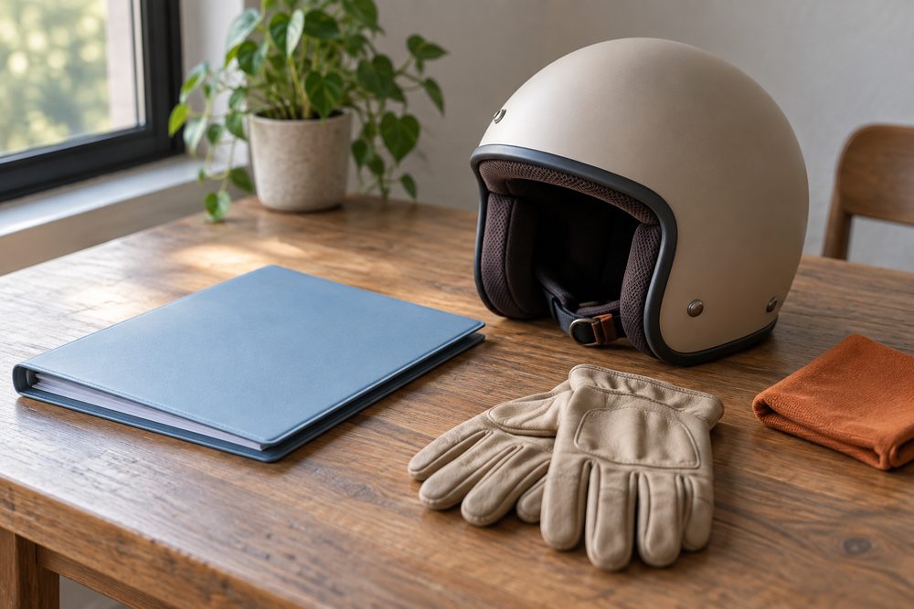 木の机に、特定の商品を再現しない無地のベージュのヘルメットと手袋、淡い青の閉じた書類入れを置いた、出発前の支度を感じる写真風の静物（イメージ）