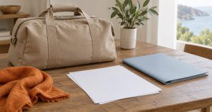 木の机に、無地のベージュの旅行バッグ、淡い青の書類入れ、何も印刷されていない白い紙を置いた、落ち着いた旅支度の静物写真（イメージ）